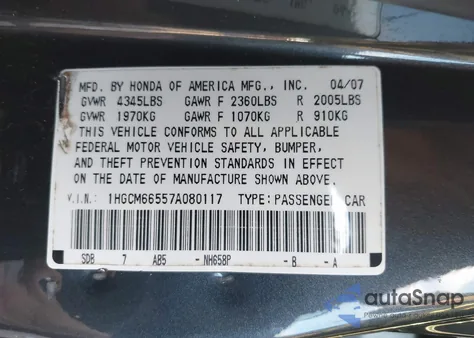 2007 Honda Accord 3.0 Ex z USA, uszkodzony, nr VIN 1HGCM66557A080117